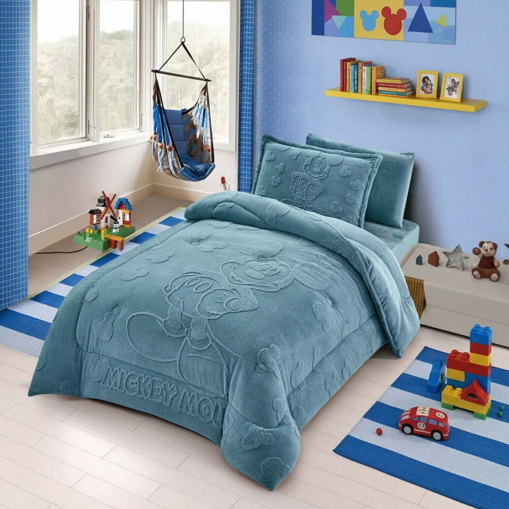طقم لحاف شتوي مفرد ونص رسومات اطفال 4 قطع