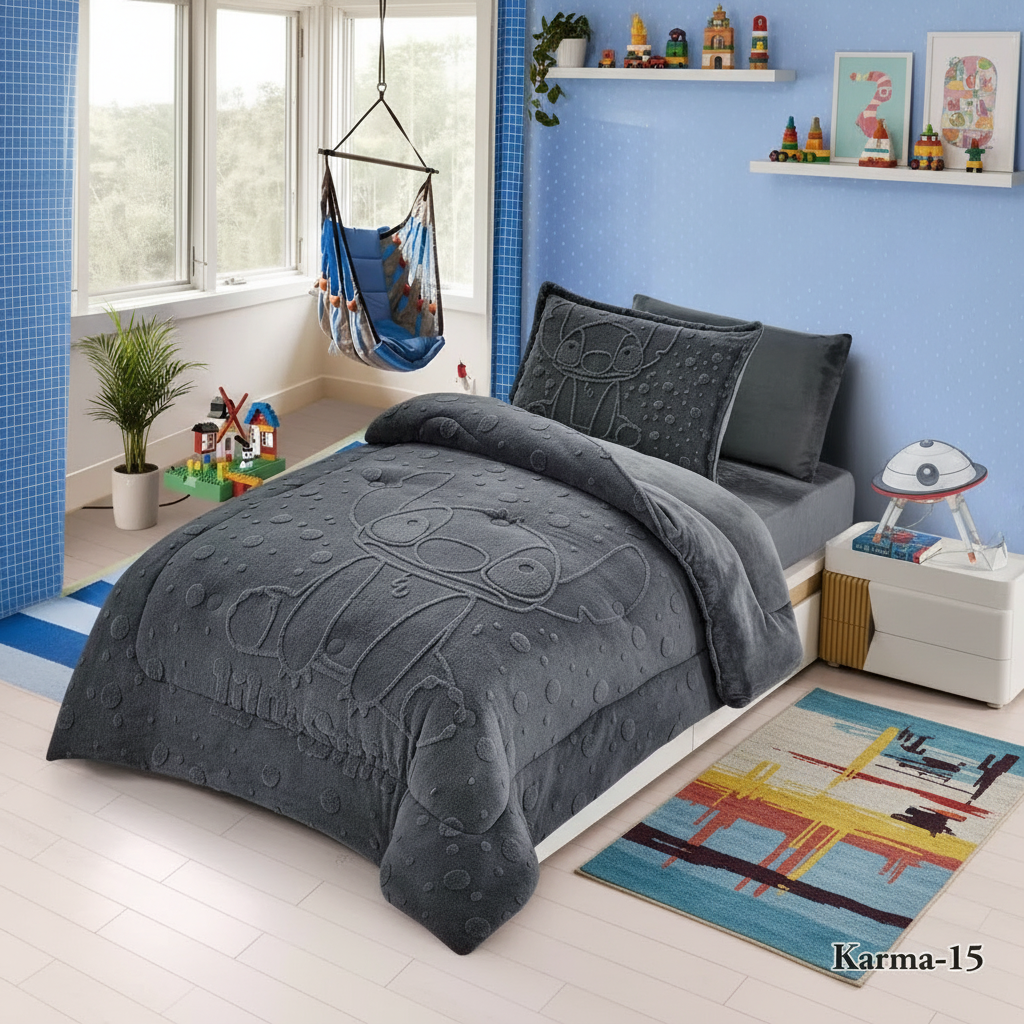 طقم لحاف شتوي مفرد ونص رسومات اطفال 4 قطع